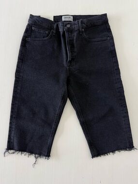 Agolde Carrie Black Denim Long Shorts with Raw Hem
